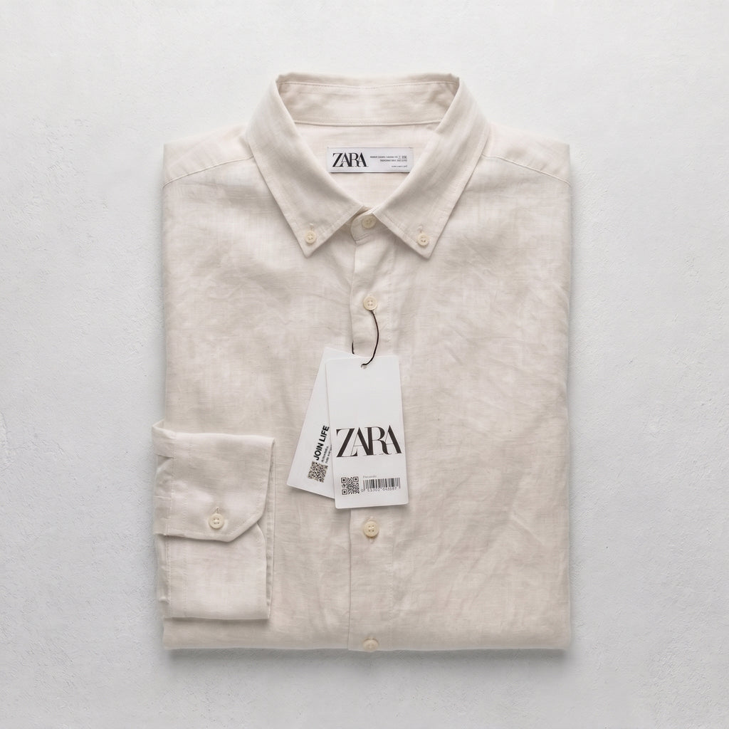Zara Men's Linen-Cotton Blend Button-Down Long Sleeve Shirt