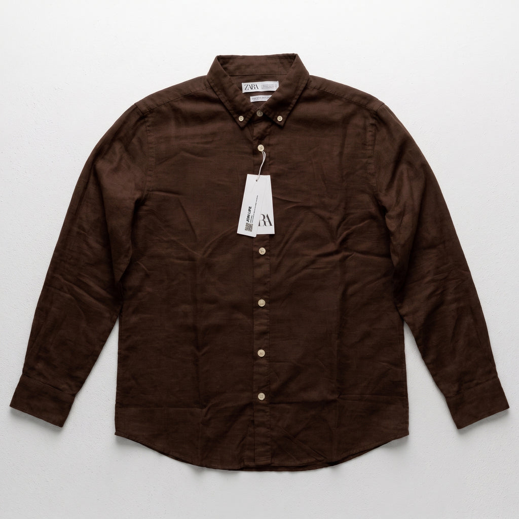 Zara Men's Linen-Cotton Blend Button-Down Long Sleeve Shirt