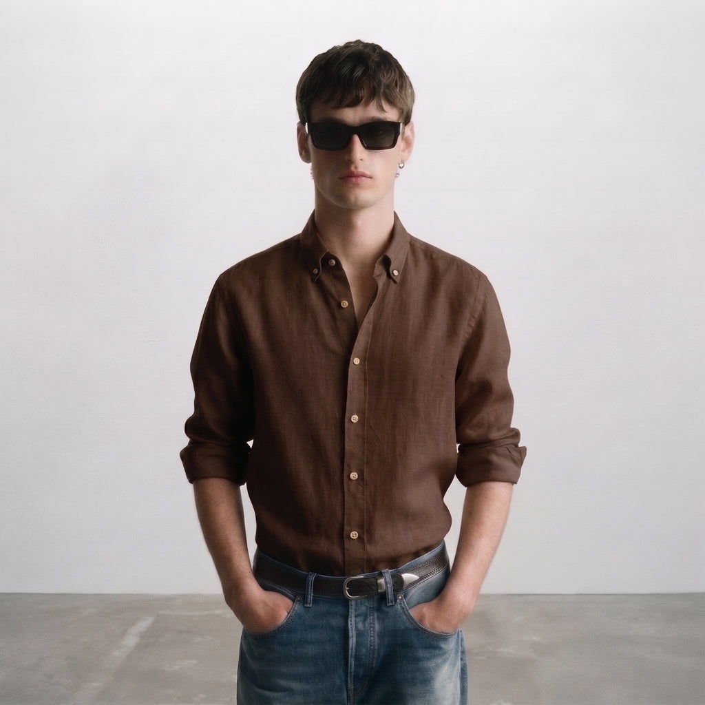 Zara Men's Linen-Cotton Blend Button-Down Long Sleeve Shirt
