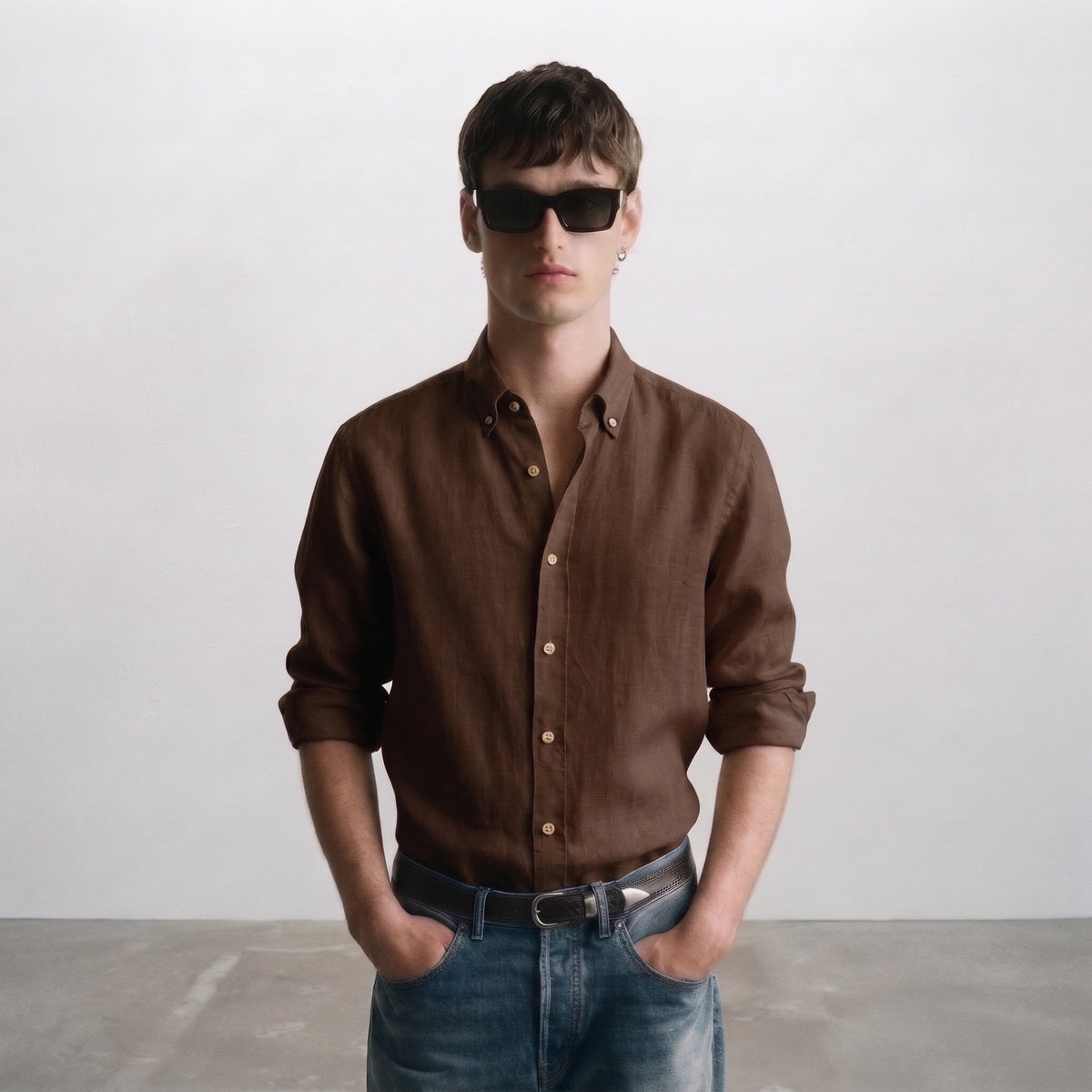 Zara Men's Linen-Cotton Blend Button-Down Long Sleeve Shirt