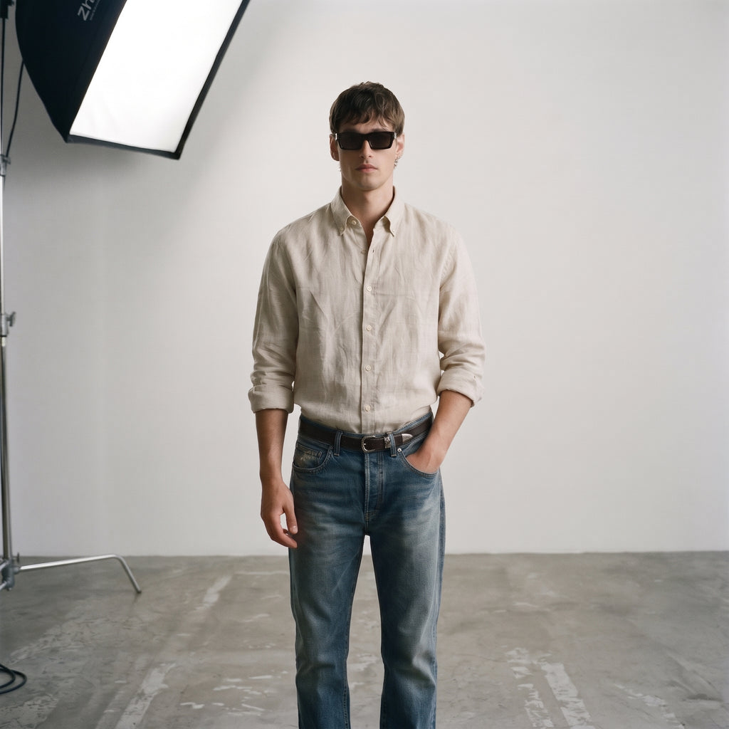 Zara Men's Linen-Cotton Blend Button-Down Long Sleeve Shirt