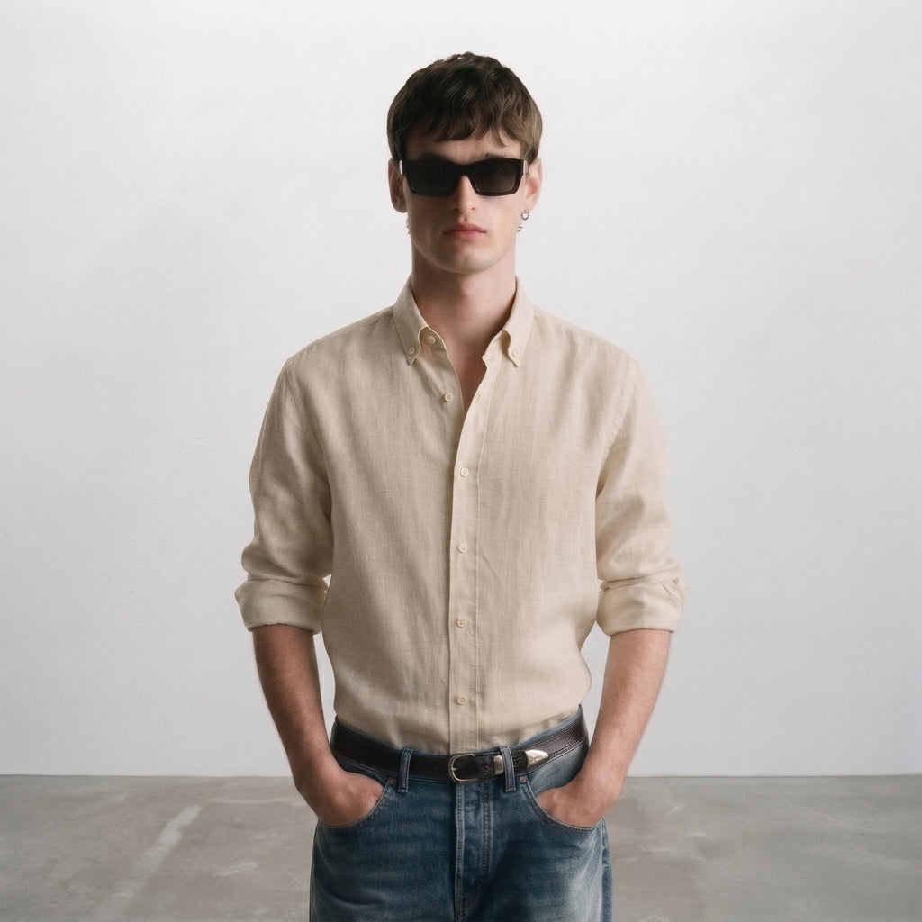 Zara Men's Linen-Cotton Blend Button-Down Long Sleeve Shirt