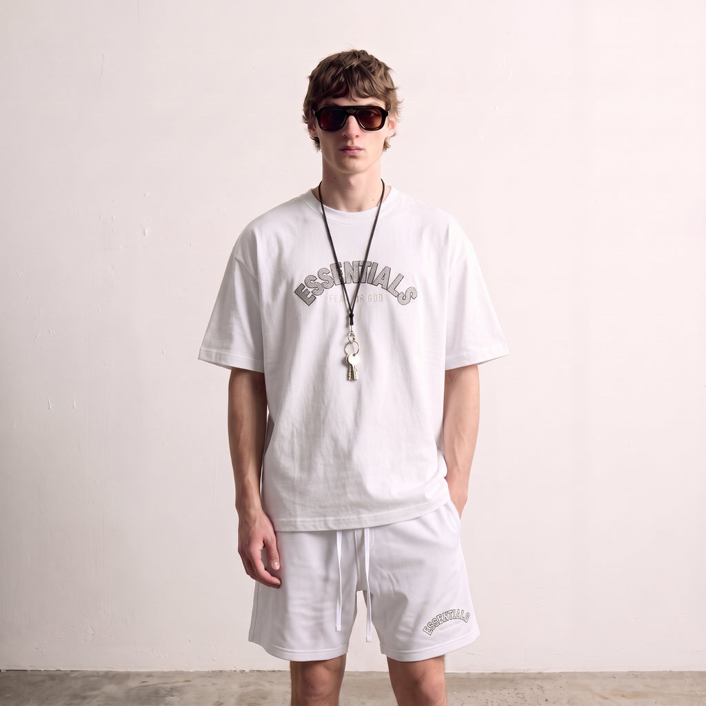 Fear of God | Essentials Men's Chenille Logo Oversized T-Shirt and Shorts Co-Ord Set