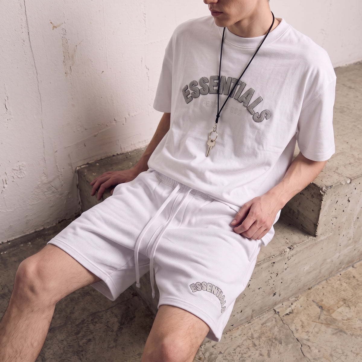 Fear of God | Essentials Men's Chenille Logo Oversized T-Shirt and Shorts Co-Ord Set