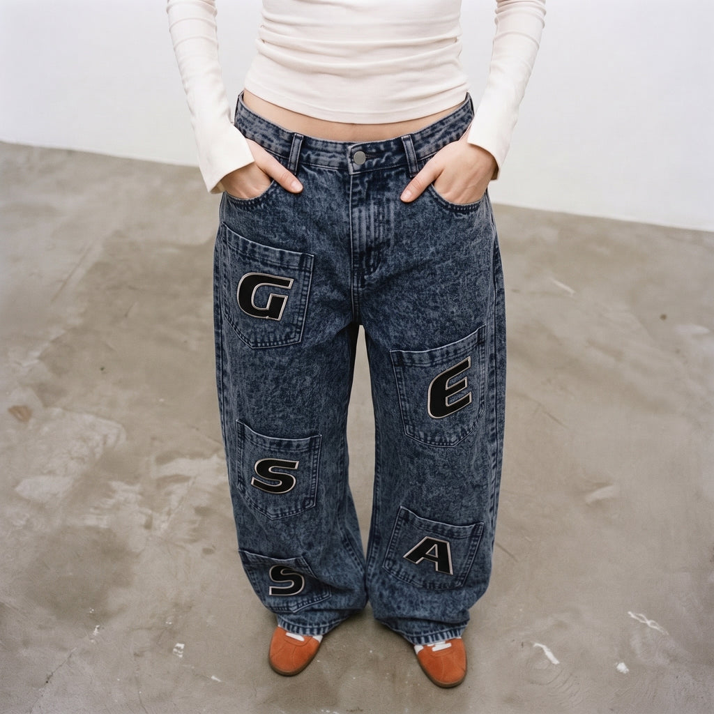 LVD Women's Multi-Pocket Letter Patch Baggy Skate Jeans