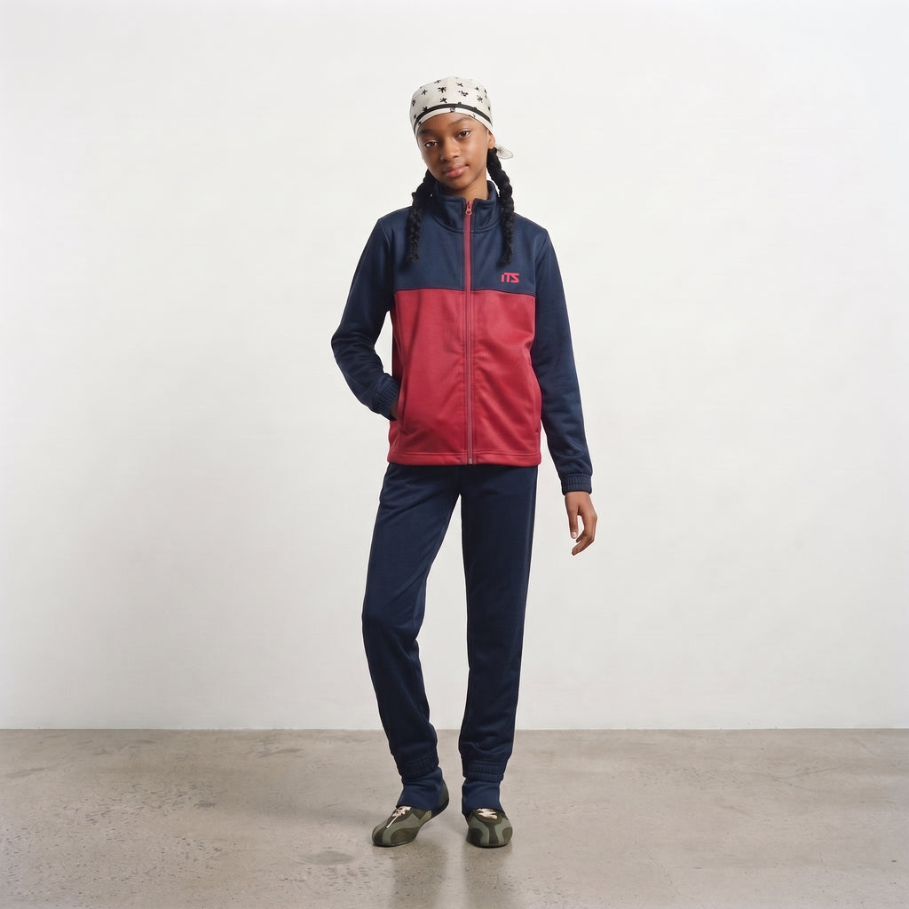 ITS | Girl's Colorblock Zip-Up Track Jacket and Trouser - Navy & Red