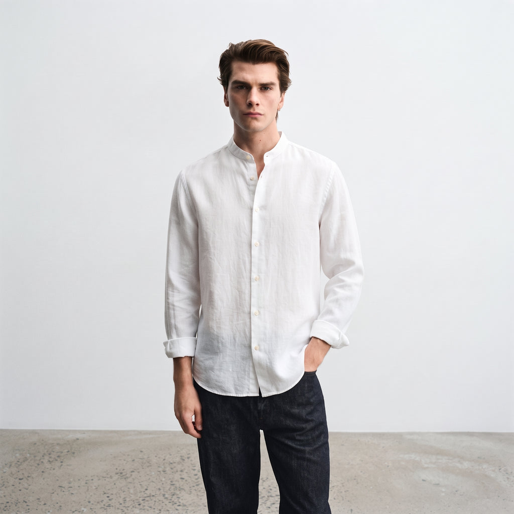 Andrew Charles Men's Linen-Blend Mandarin Collar Long Sleeve Shirt