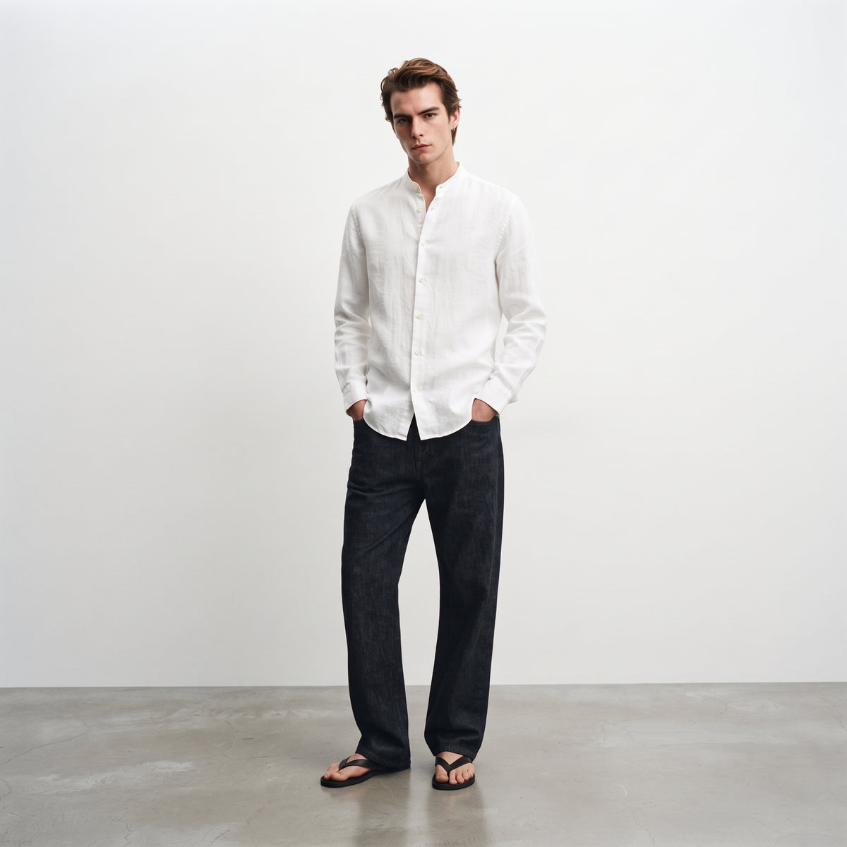 Andrew Charles Men's Linen-Blend Mandarin Collar Long Sleeve Shirt
