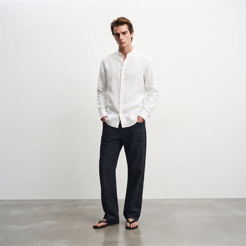 Andrew Charles Men's Linen-Blend Mandarin Collar Long Sleeve Shirt