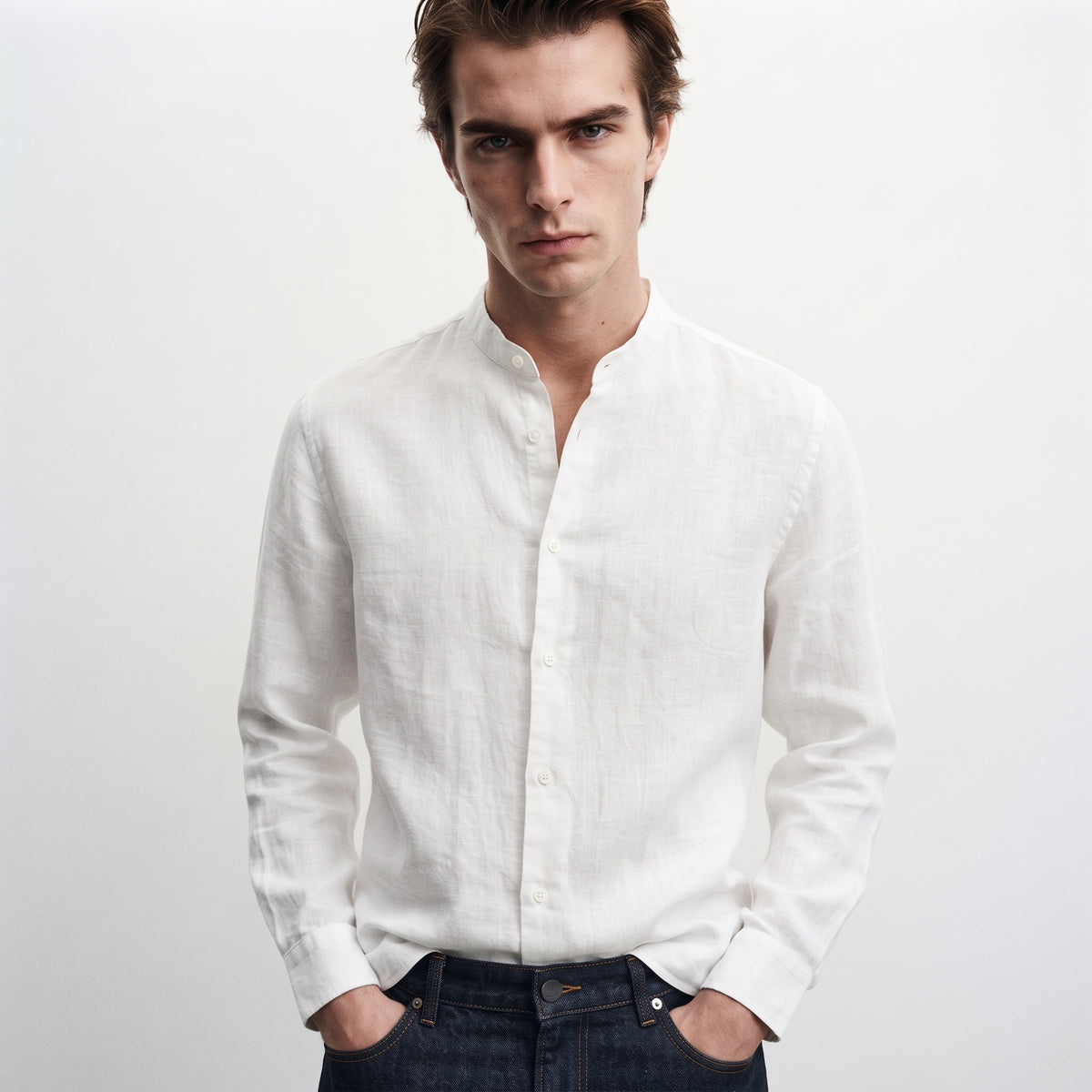 Andrew Charles Men's Linen-Blend Mandarin Collar Long Sleeve Shirt