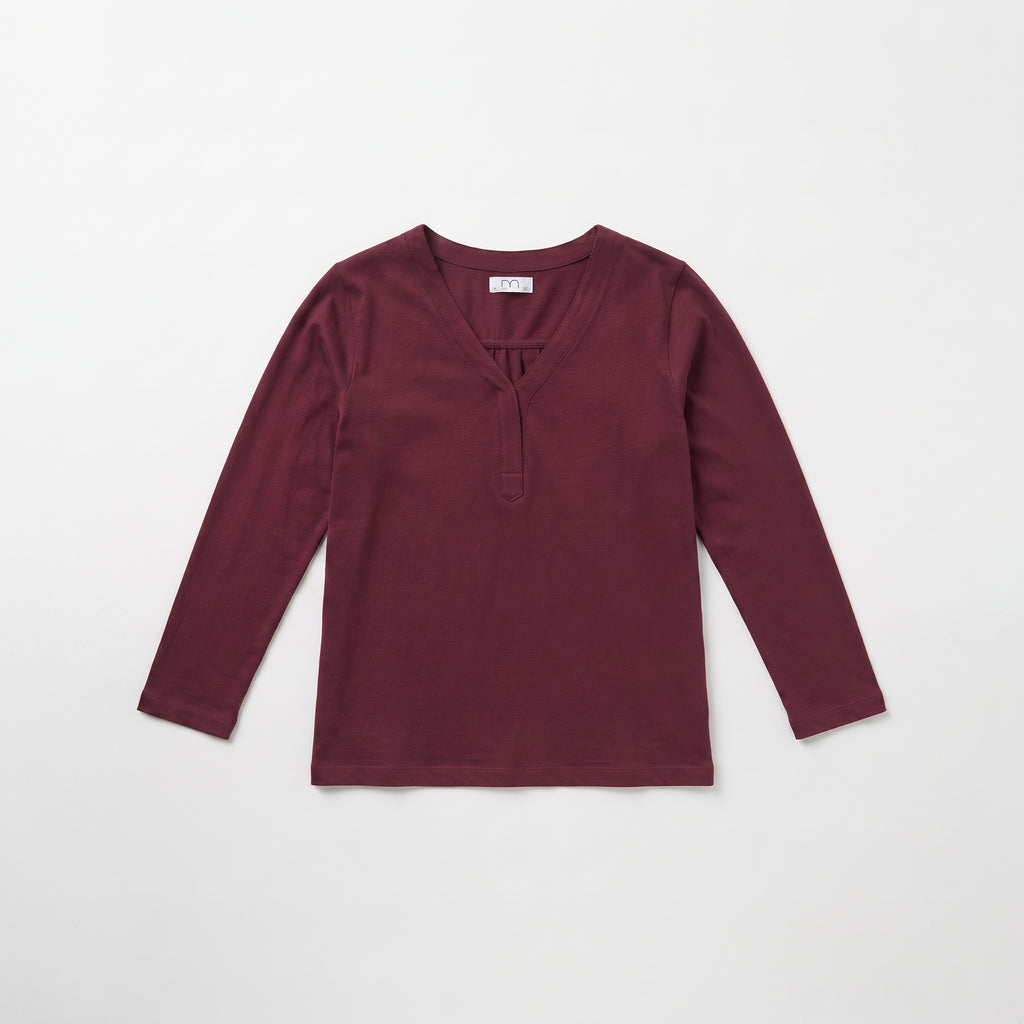 MLN | Split V-Neck Long Sleeve Top - Burgundy