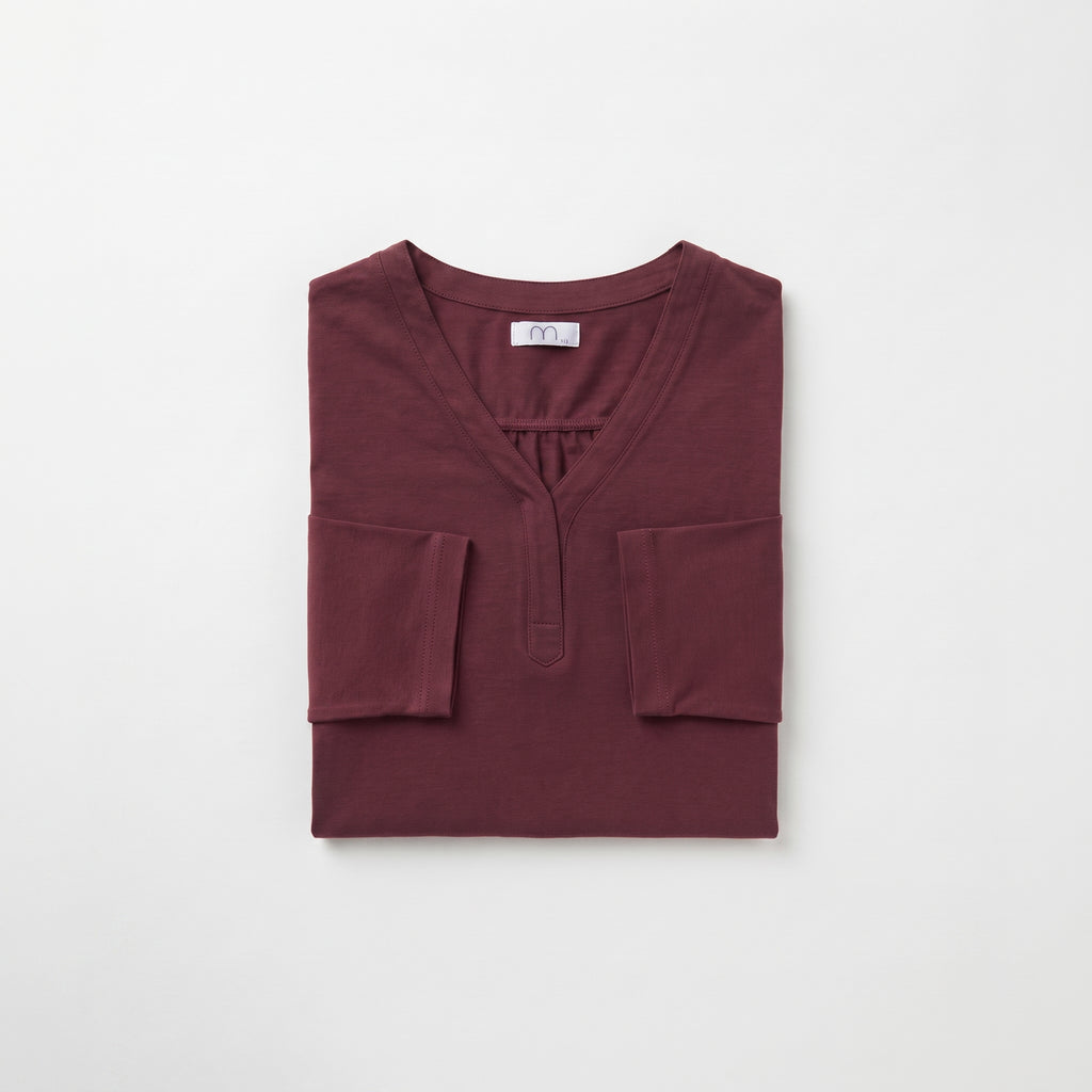 MLN | Split V-Neck Long Sleeve Top - Burgundy