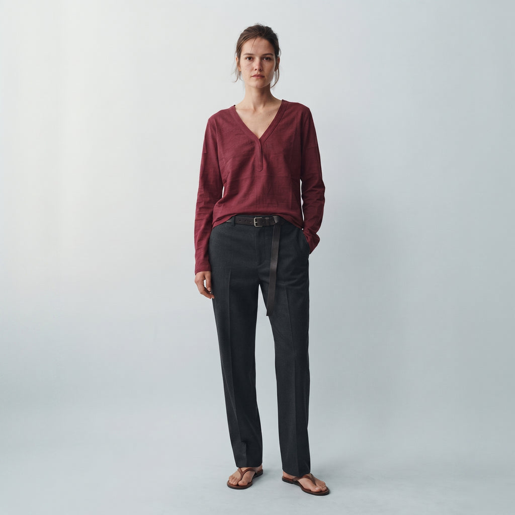 MLN | Split V-Neck Long Sleeve Top - Burgundy
