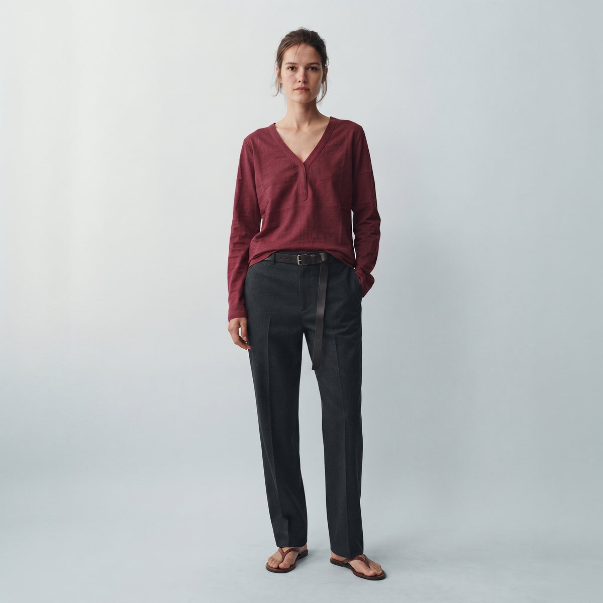 MLN | Split V-Neck Long Sleeve Top - Burgundy