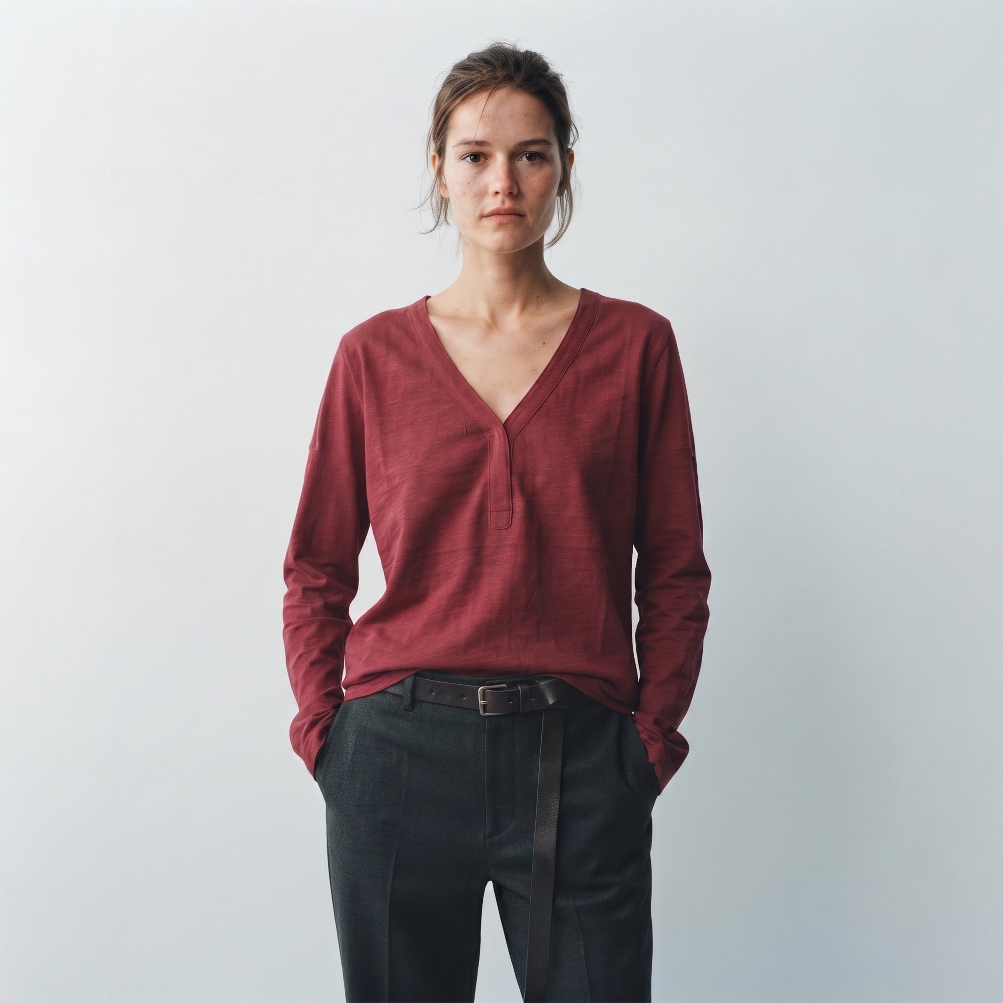 MLN | Split V-Neck Long Sleeve Top - Burgundy