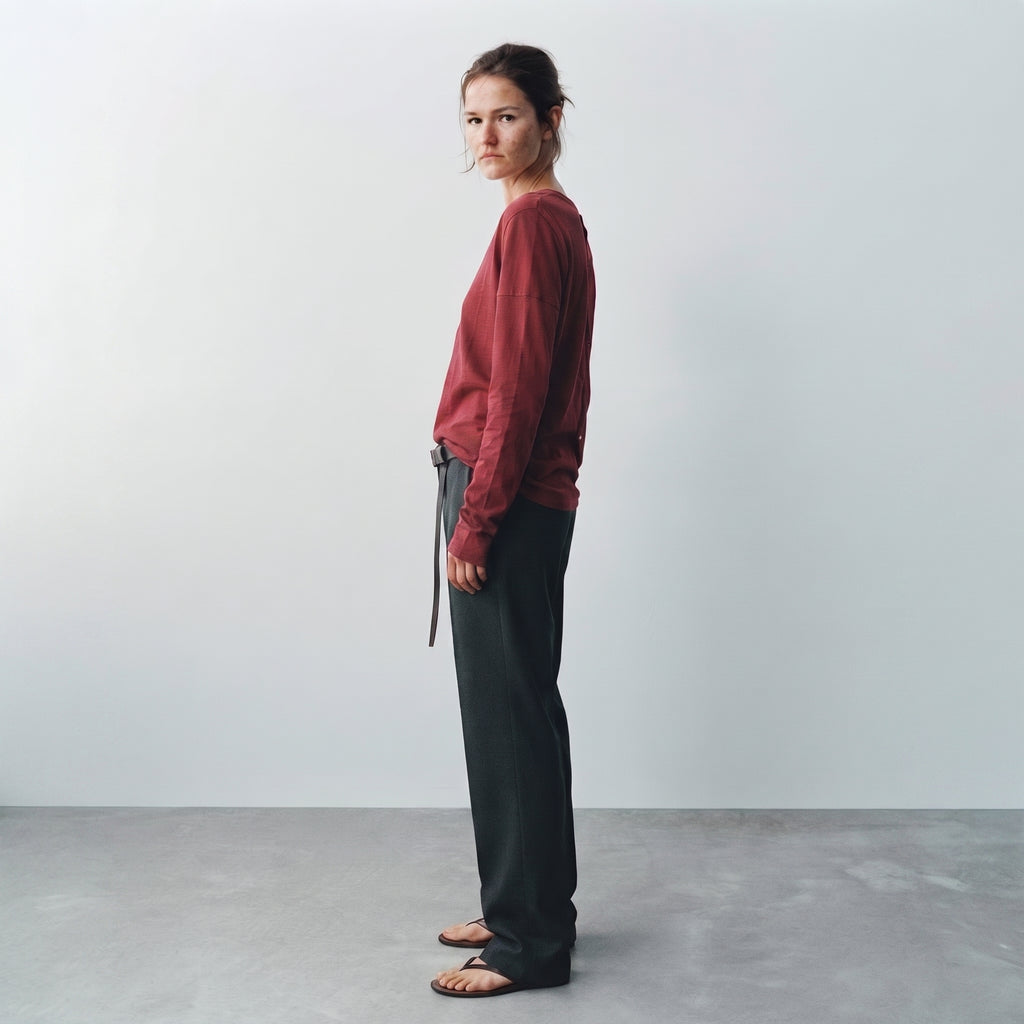 MLN | Split V-Neck Long Sleeve Top - Burgundy