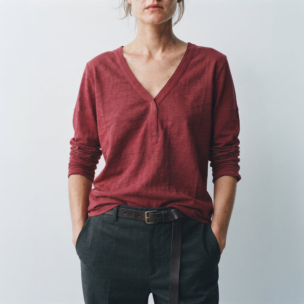 MLN | Split V-Neck Long Sleeve Top - Burgundy