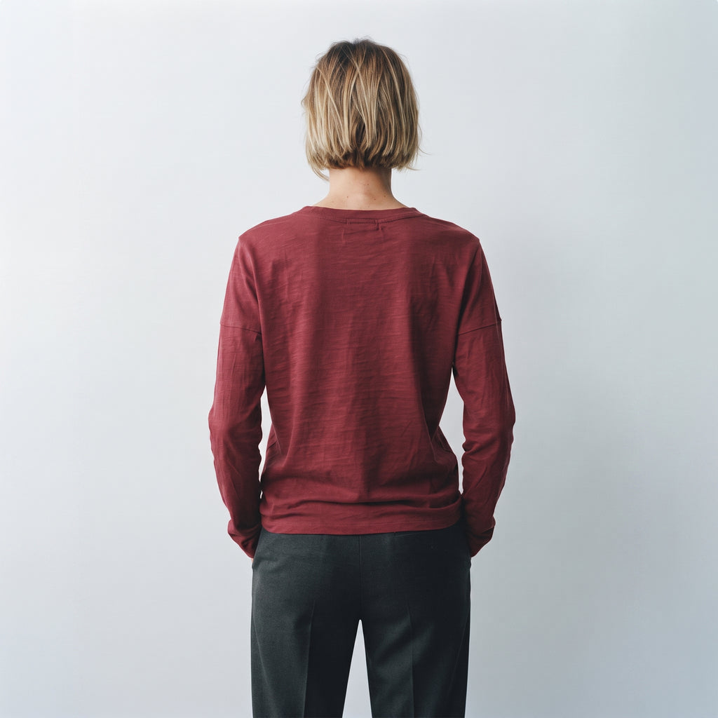 MLN | Split V-Neck Long Sleeve Top - Burgundy
