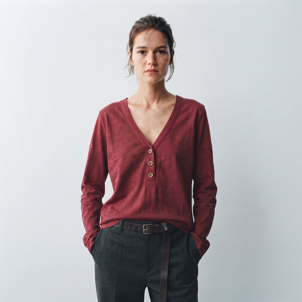 MLN | Slub Cotton Henley Long Sleeve Top