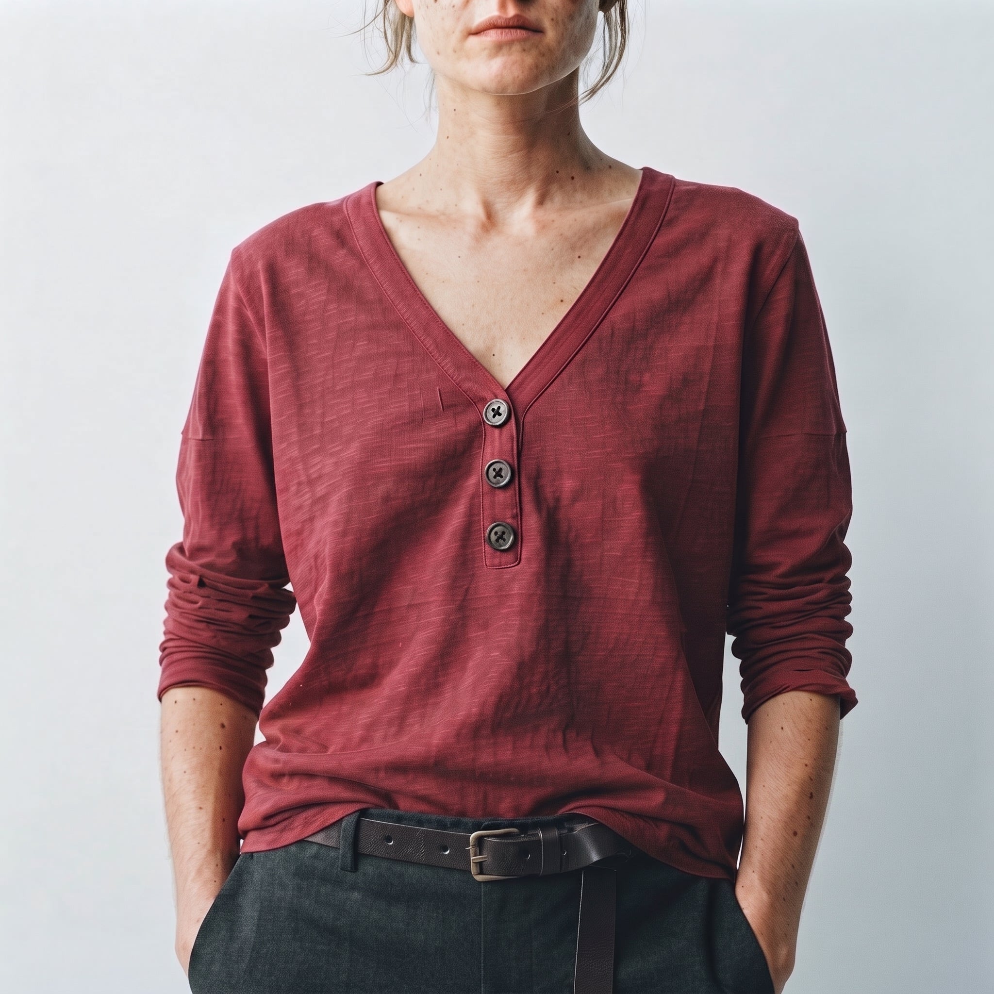 MLN | Slub Cotton Henley Long Sleeve Top