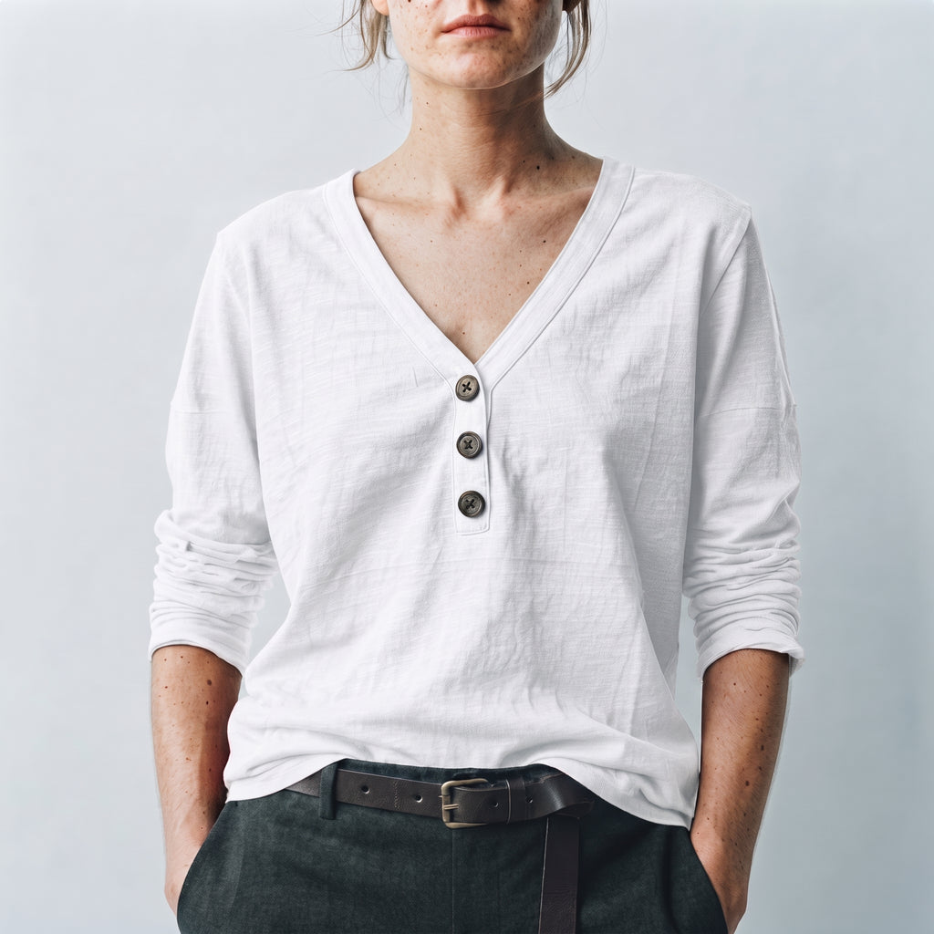 MLN | Slub Cotton Henley Long Sleeve Top