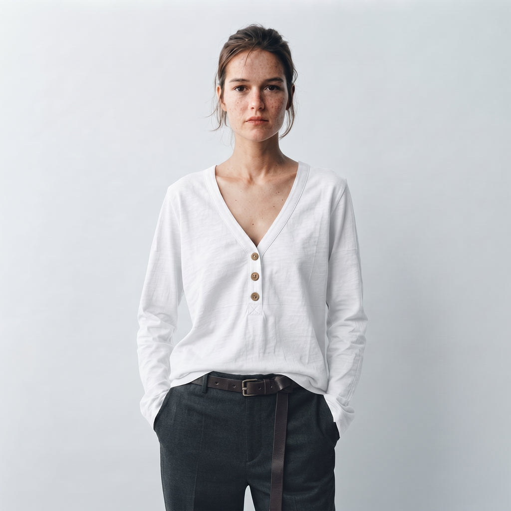 MLN | Slub Cotton Henley Long Sleeve Top