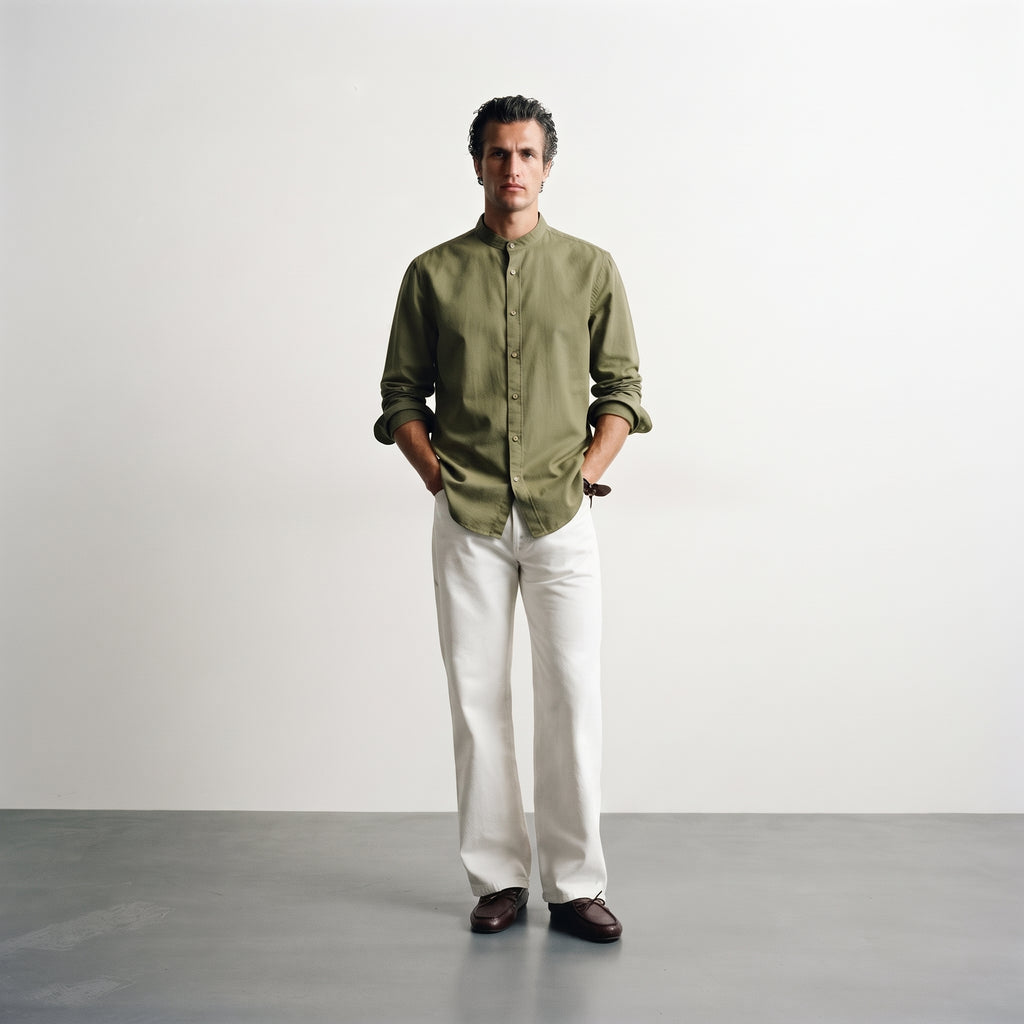 Bershka | Mandarin Collar Long Sleeve Linen-Cotton Shirt - Olive