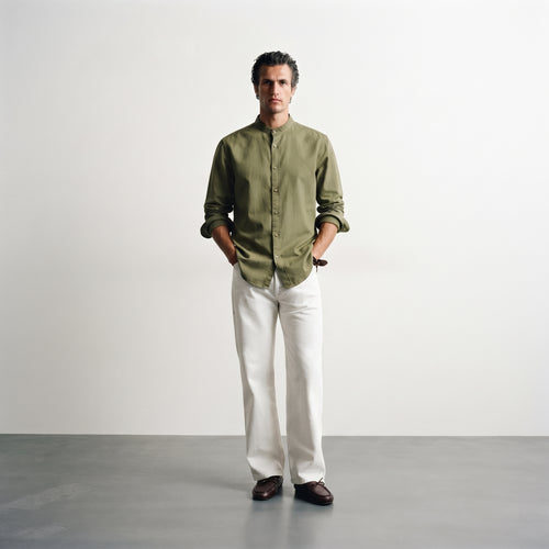 Bershka | Mandarin Collar Long Sleeve Linen-Cotton Shirt - Olive