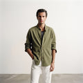 Bershka | Mandarin Collar Long Sleeve Linen-Cotton Shirt - Olive
