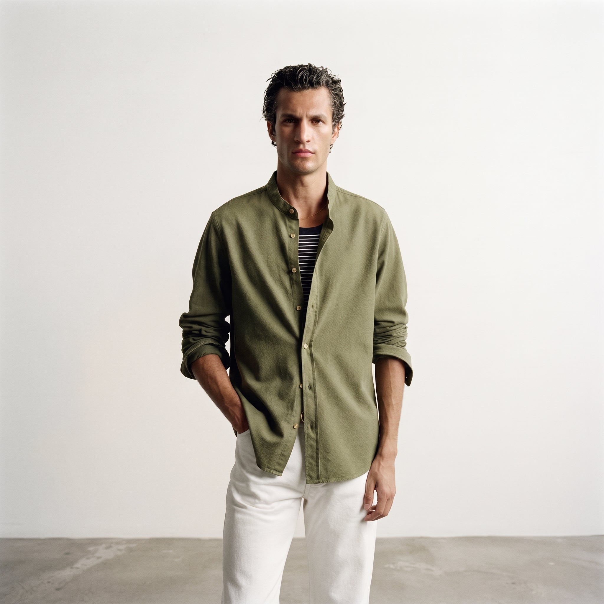 Bershka | Mandarin Collar Long Sleeve Linen-Cotton Shirt - Olive