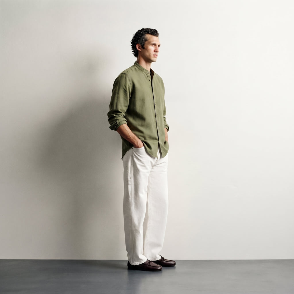 Bershka | Mandarin Collar Long Sleeve Linen-Cotton Shirt - Olive