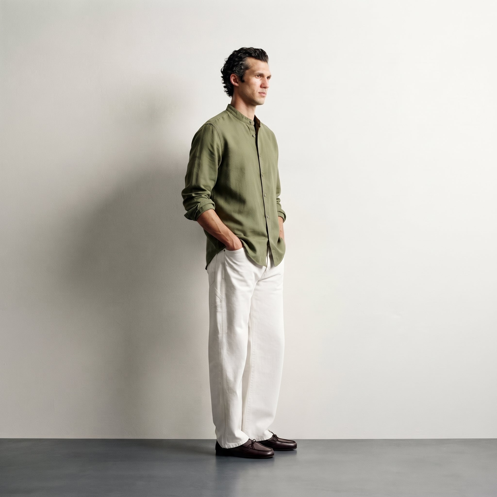 Bershka | Mandarin Collar Long Sleeve Linen-Cotton Shirt - Olive
