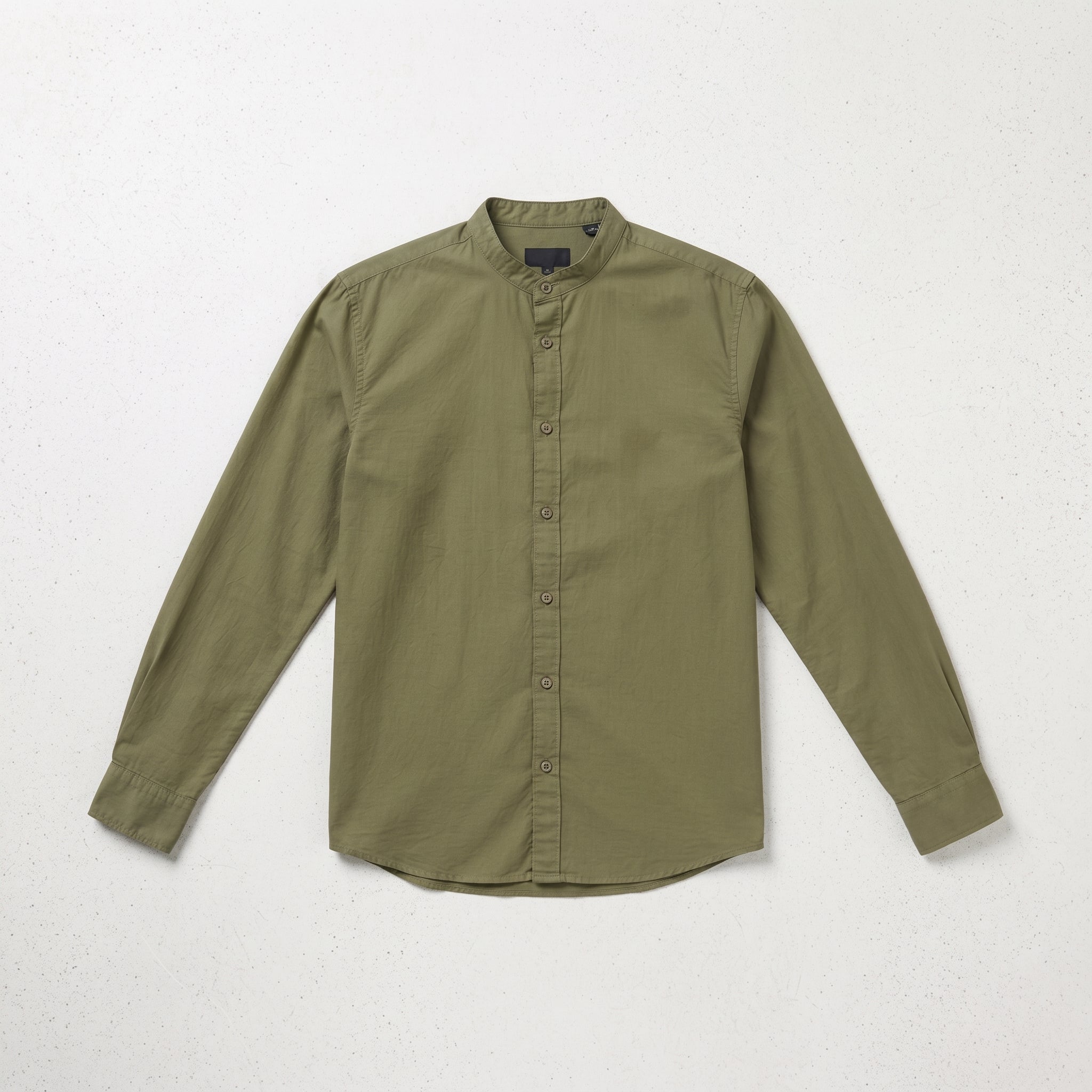 Bershka | Mandarin Collar Long Sleeve Linen-Cotton Shirt - Olive