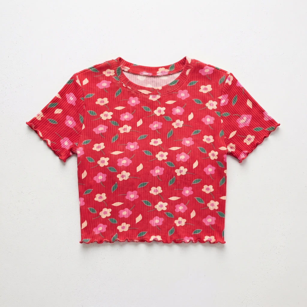 Ever.me | Floral Ribbed Lettuce Trim T-Shirt