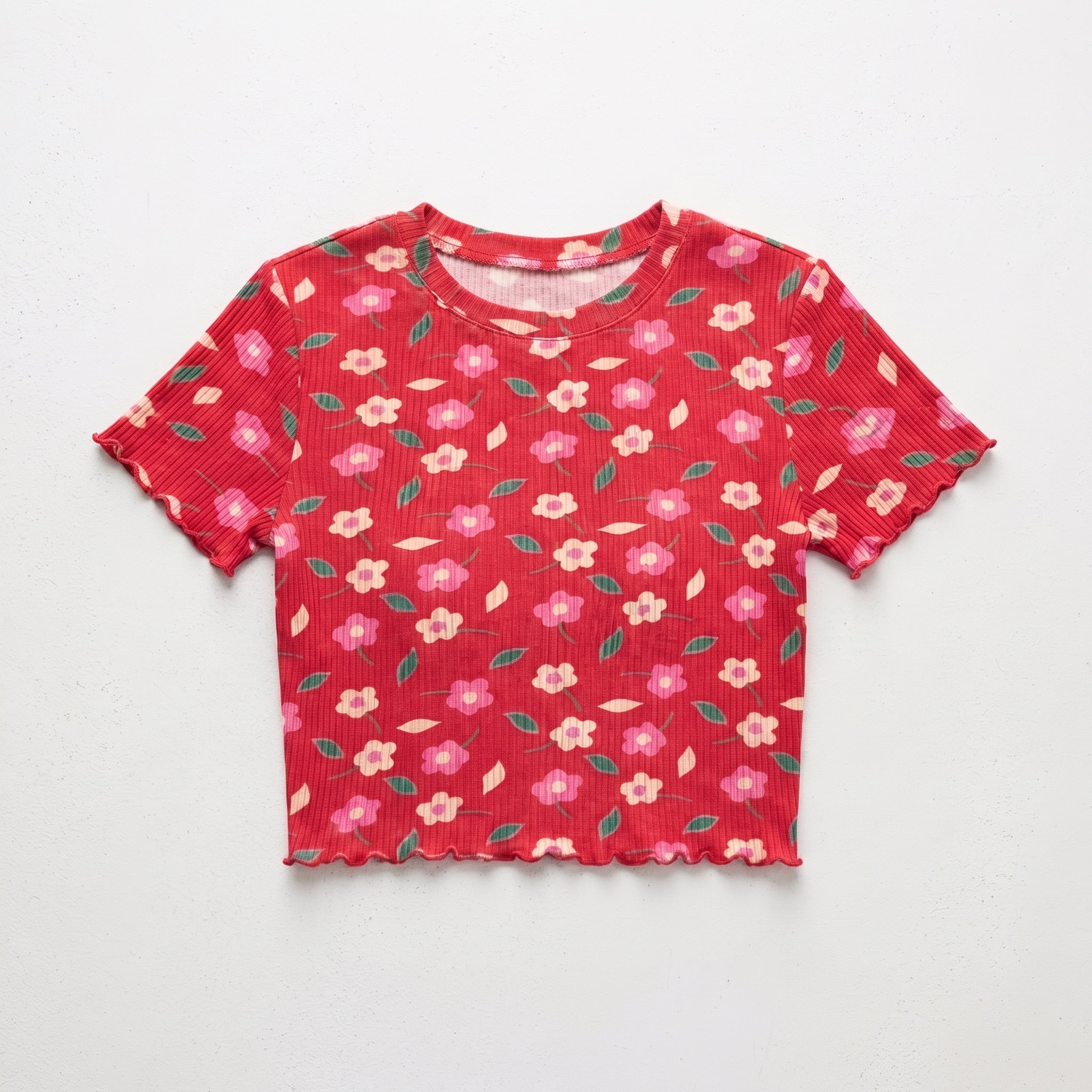 Ever.me | Floral Ribbed Lettuce Trim T-Shirt