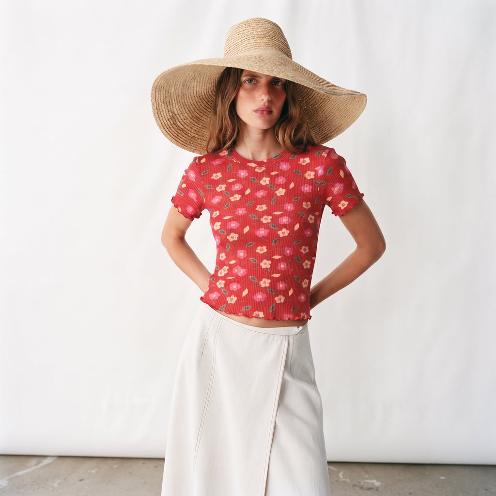 Ever.me | Floral Ribbed Lettuce Trim T-Shirt