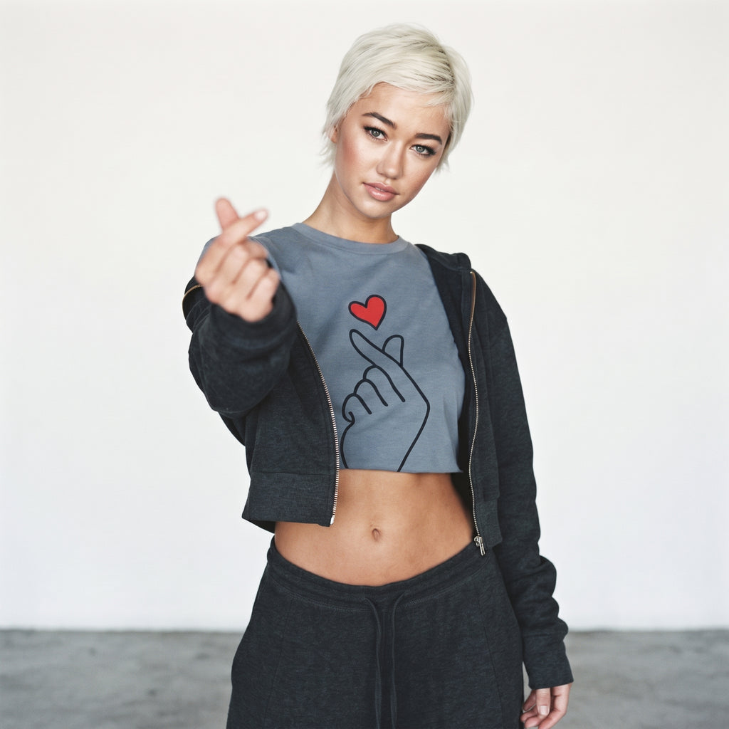 J&R | Finger Heart Graphic Cropped T-Shirt - Slate Blue