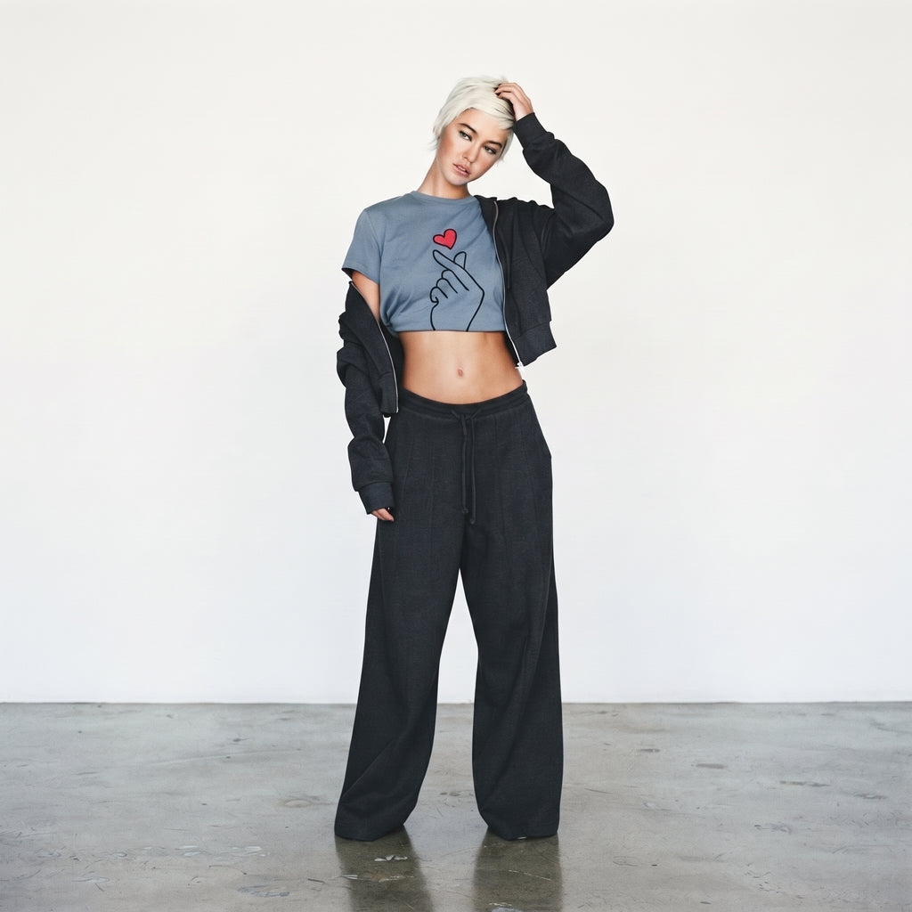 J&R | Finger Heart Graphic Cropped T-Shirt - Slate Blue