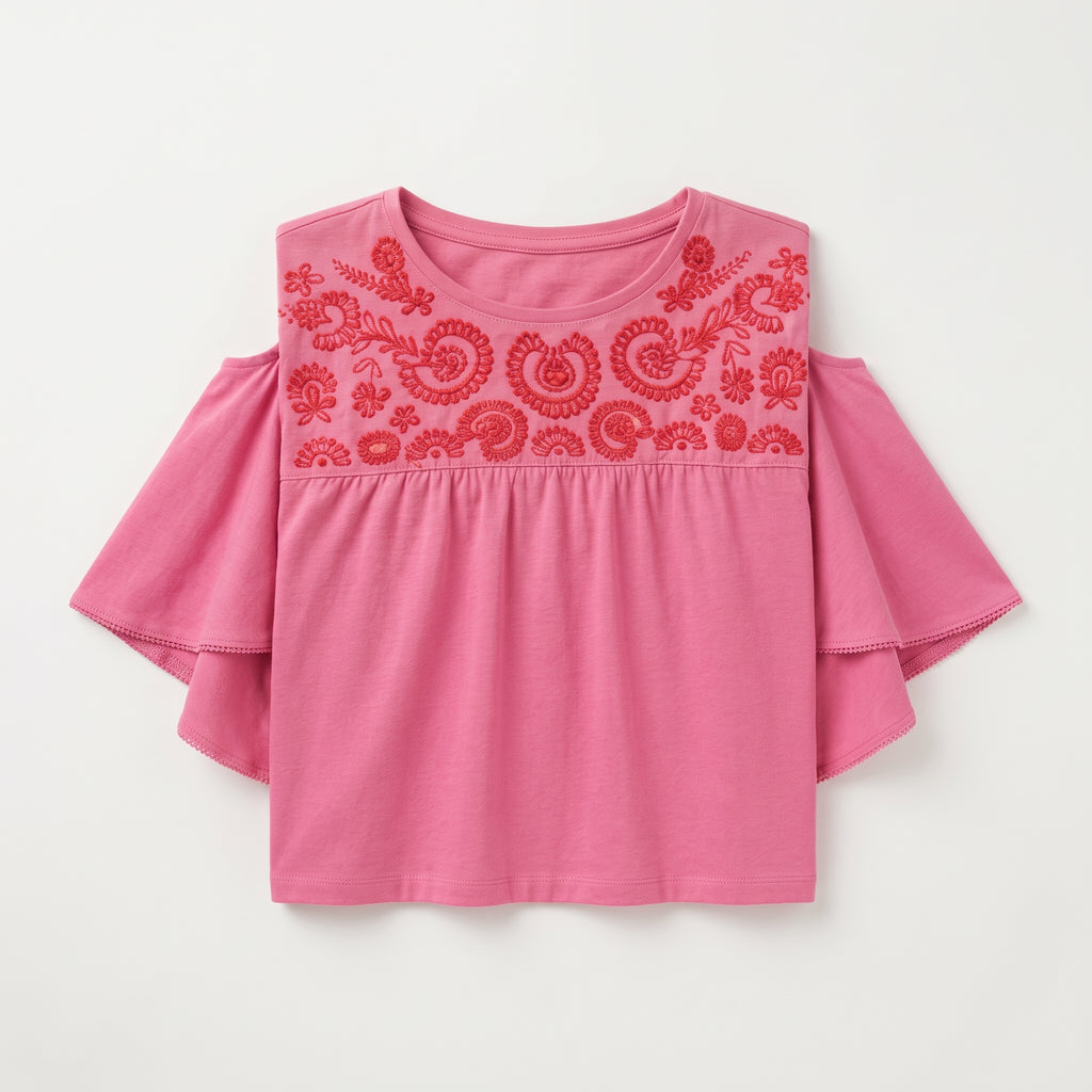 Cortefiel | Women's Embroidered Yoke Flutter-Sleeve Top