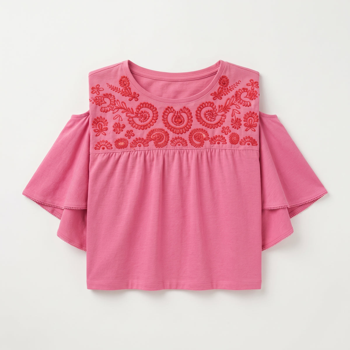 Cortefiel | Women's Embroidered Yoke Flutter-Sleeve Top