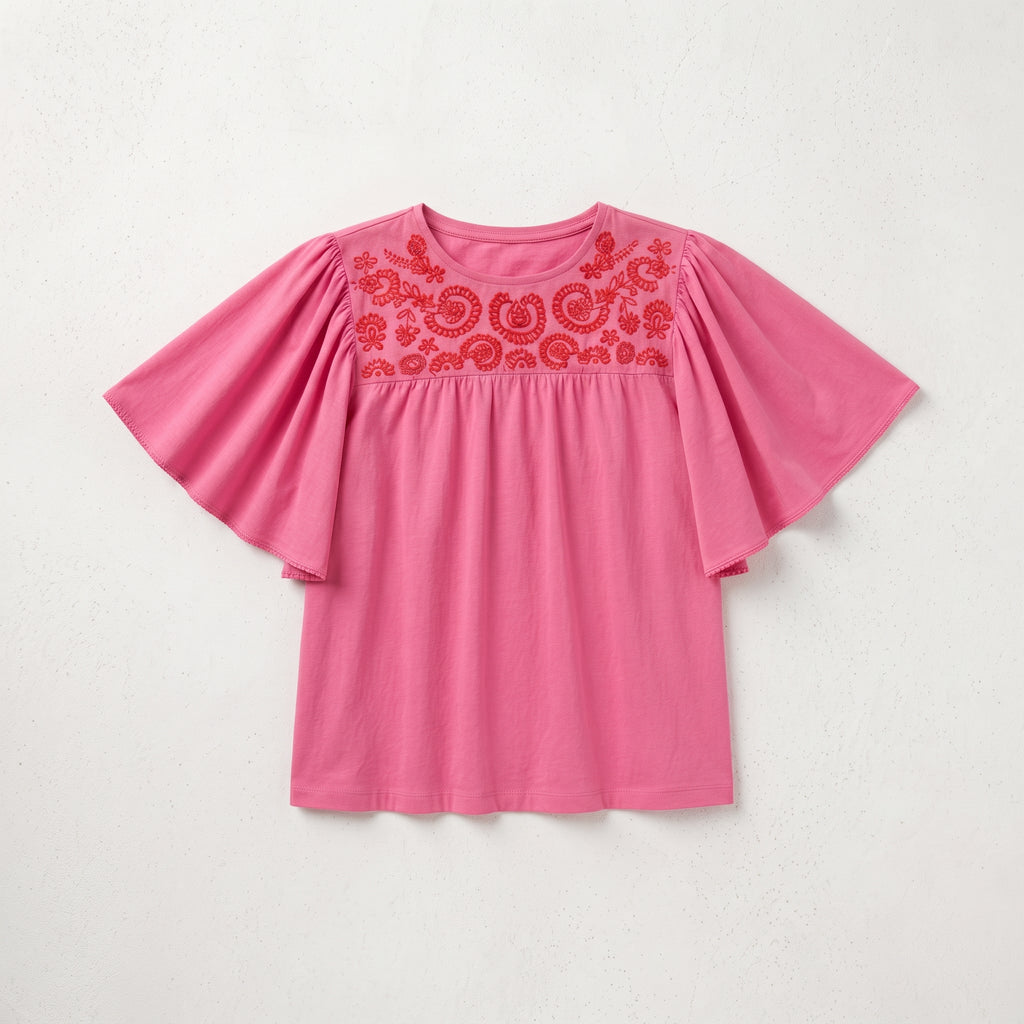 Cortefiel | Women's Embroidered Yoke Flutter-Sleeve Top