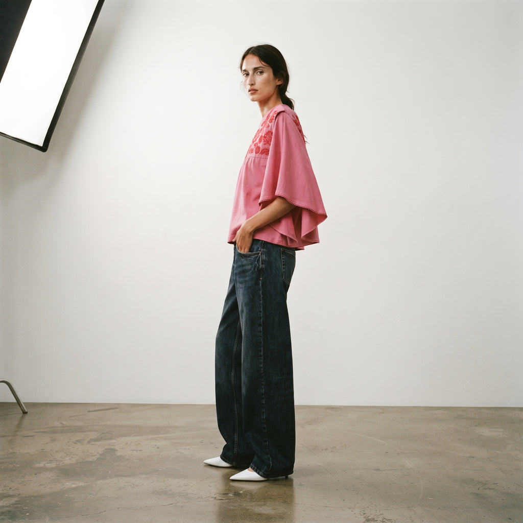 Cortefiel | Women's Embroidered Yoke Flutter-Sleeve Top