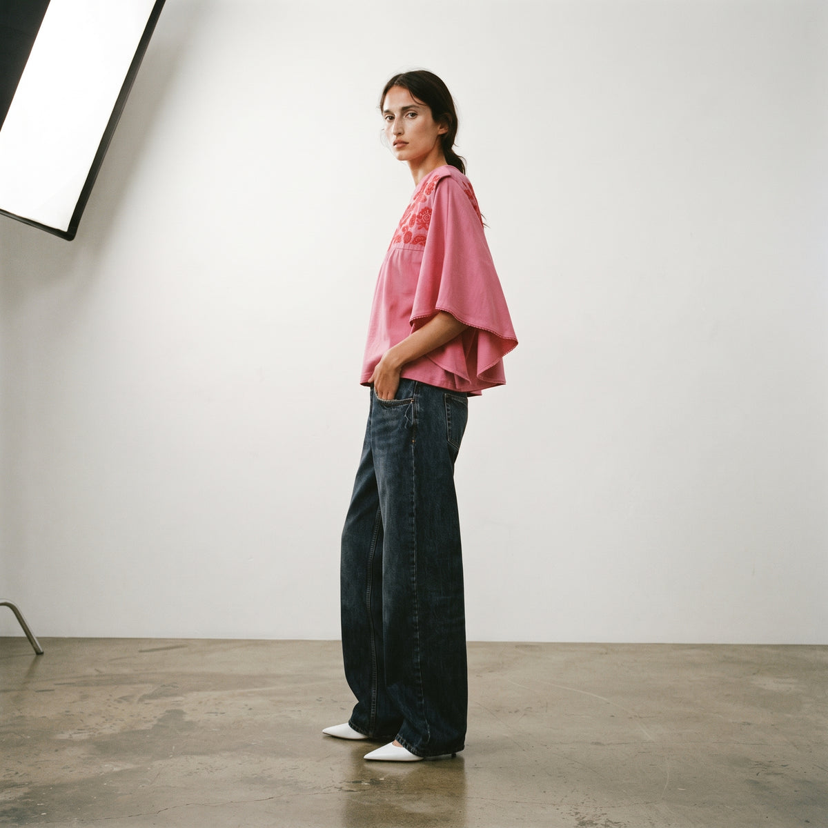 Cortefiel | Women's Embroidered Yoke Flutter-Sleeve Top