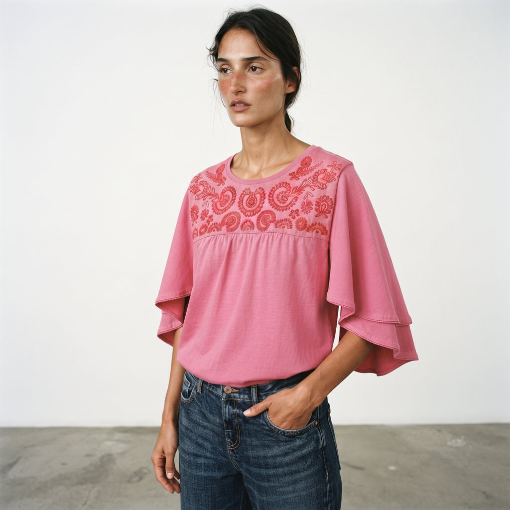 Cortefiel | Women's Embroidered Yoke Flutter-Sleeve Top