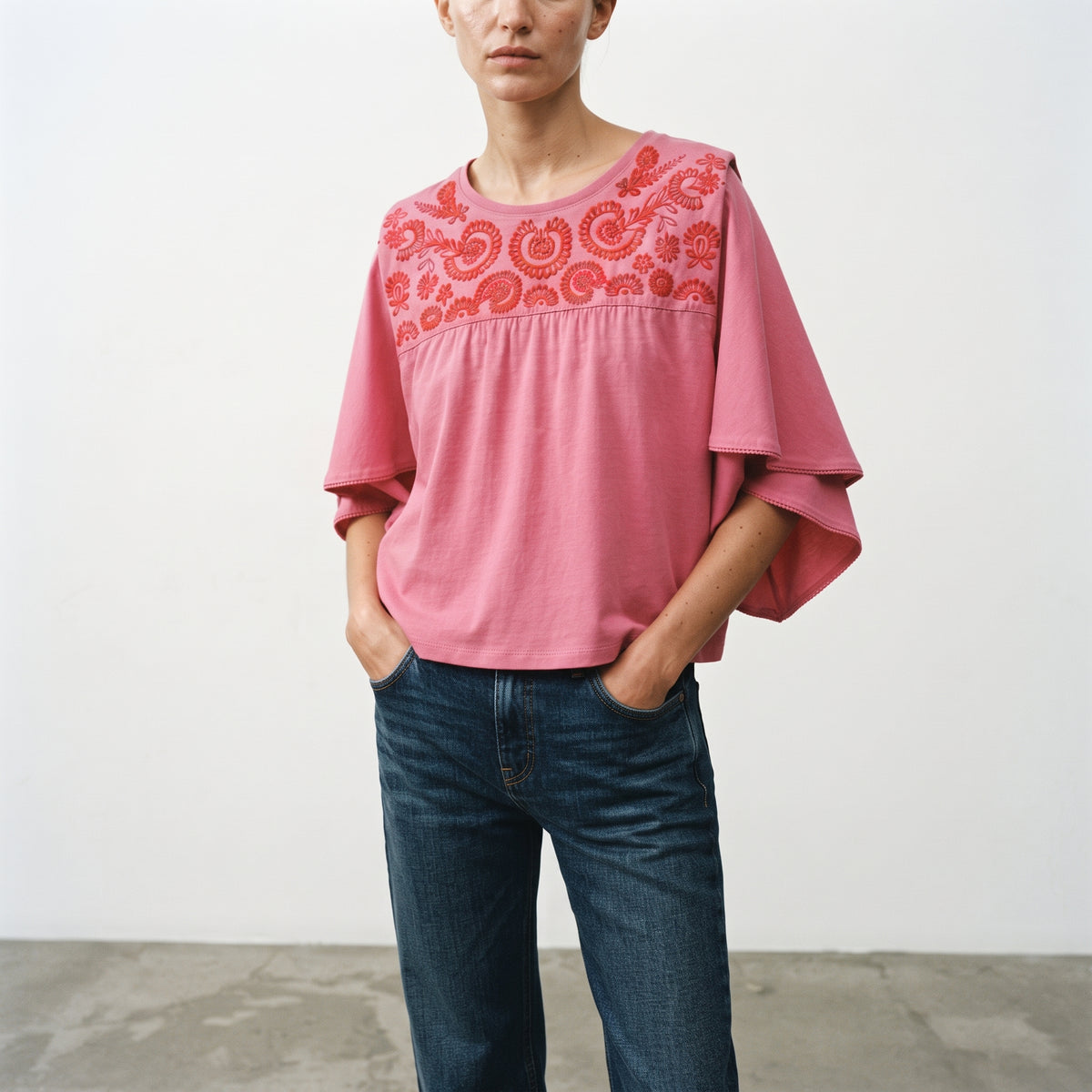 Cortefiel | Women's Embroidered Yoke Flutter-Sleeve Top
