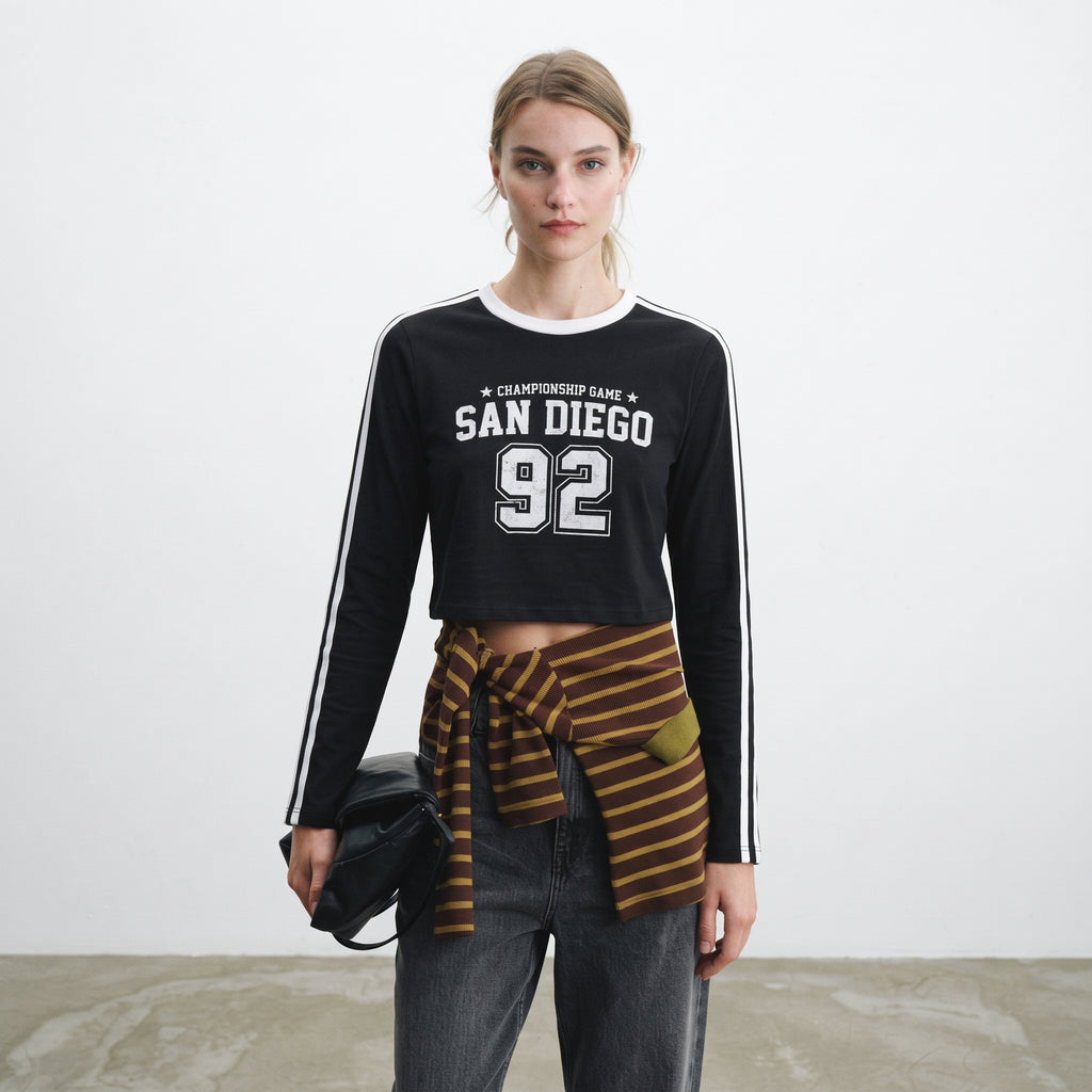 FB Sister | Women's Varsity 'San Diego 92' Long Sleeve Crop Top - Black