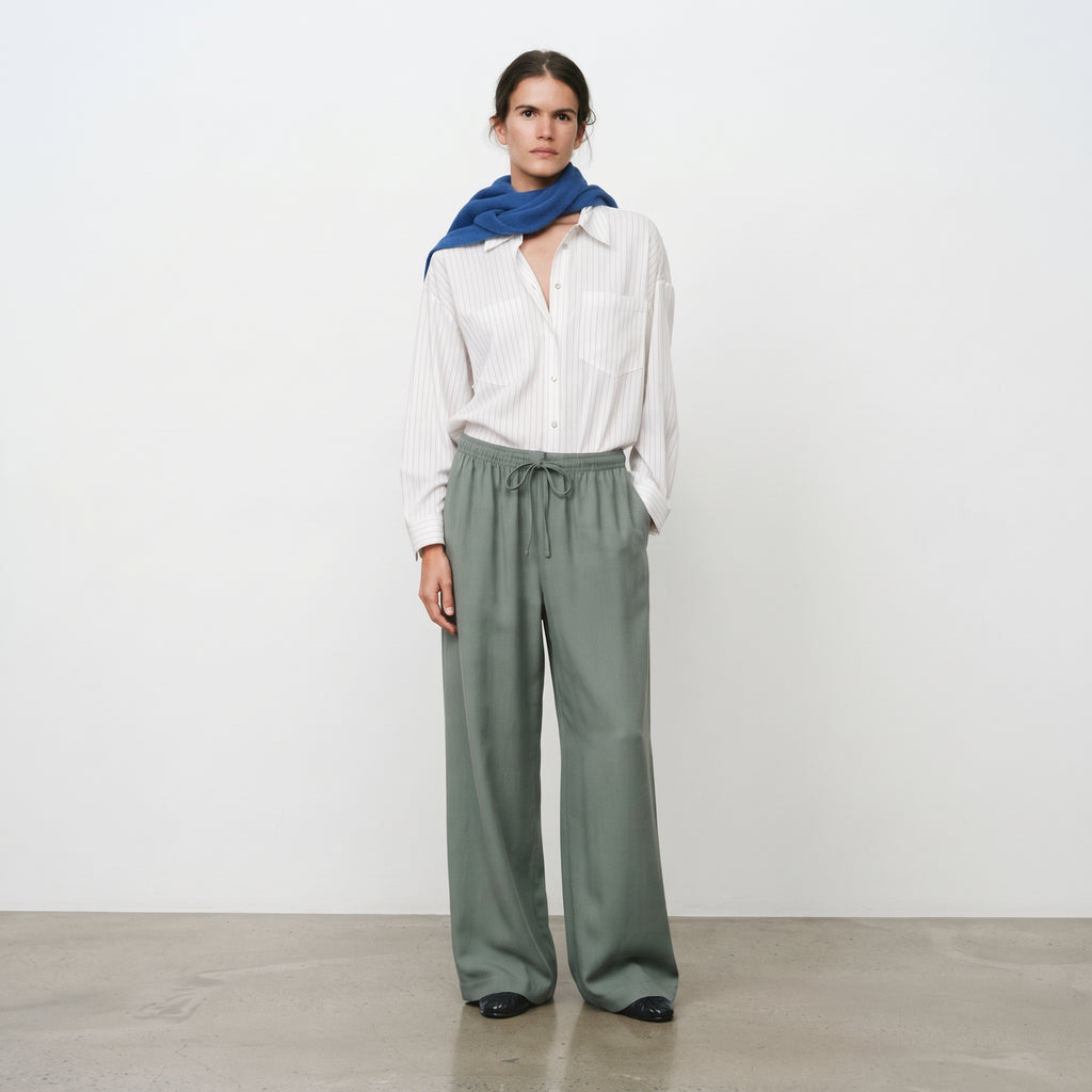 Gloria Jean | Women's Fluid Drawstring Palazzo Trousers - Sage Green/Grey