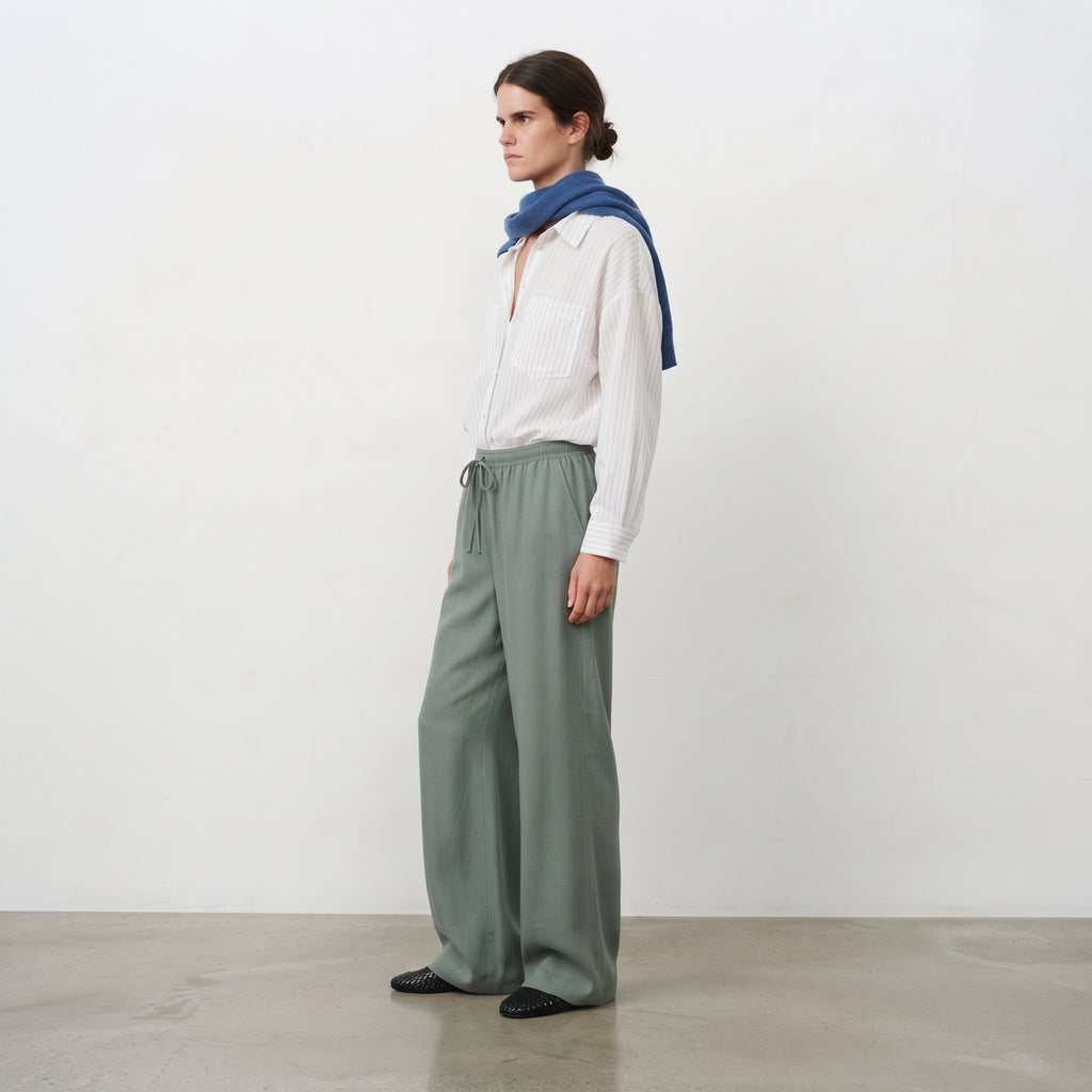 Gloria Jean | Women's Fluid Drawstring Palazzo Trousers - Sage Green/Grey