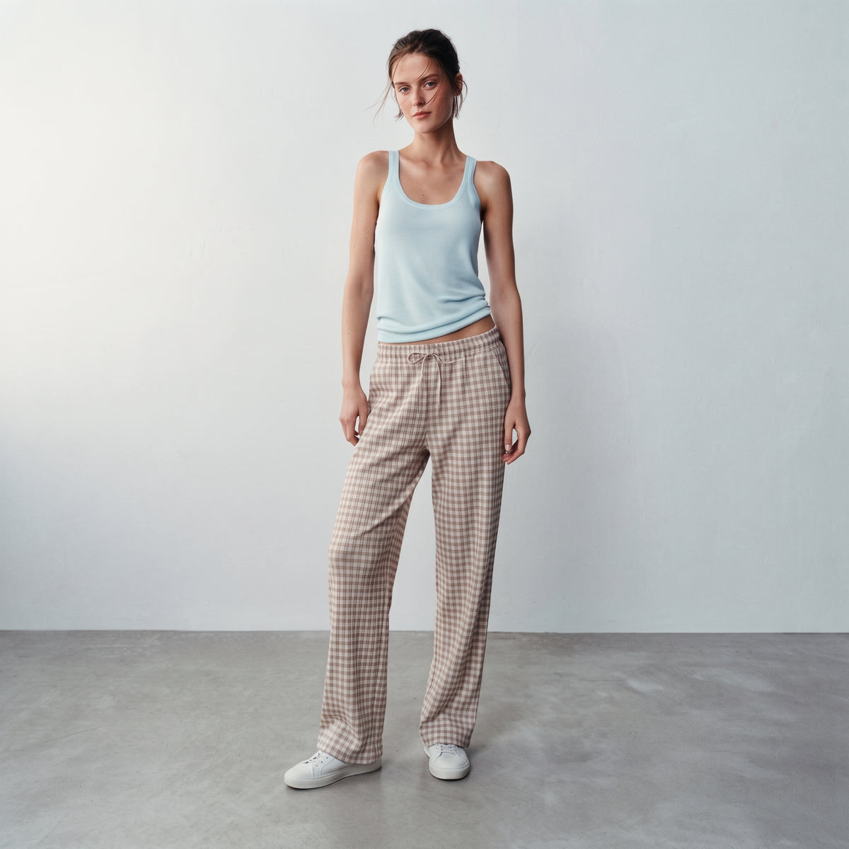 Gloria Jeans | Women's Gingham Check Wide-Leg Lounge Trousers - Beige & White