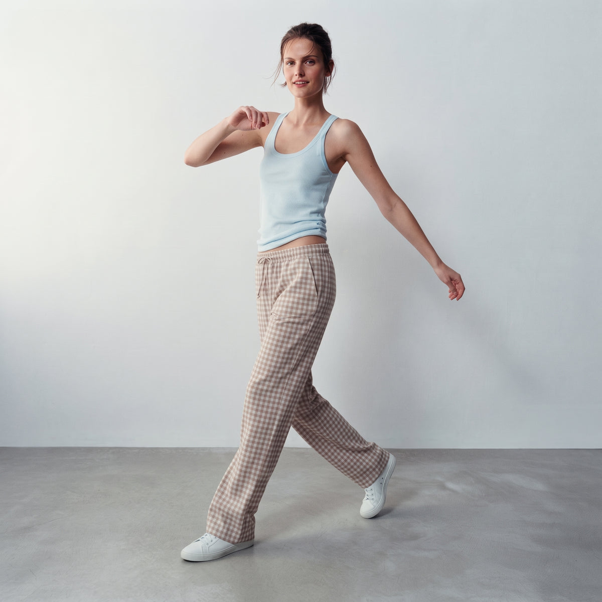 Gloria Jeans | Women's Gingham Check Wide-Leg Lounge Trousers - Beige & White
